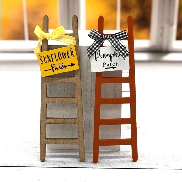 Fall Mini Ladder Signs Set 2pc Sunflower Pumpkin Patch 11in Tier Tray Decor - Picture 1 of 11